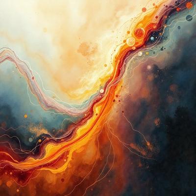 The primary subject of the image is a painting of a colorful, swirling, and abstract design. The setting is a canvas, and the visual style is a painting. The dominant colors in the painting are orange, red, and blue, creating a vibrant and lively atmosphere.